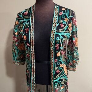 Rebellion Sheer Black Kimono with Floral Embroidery swim coverup